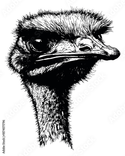 Hand drawn line art illustration of an ostrich head depicting a detailed portrait for wildlife projects