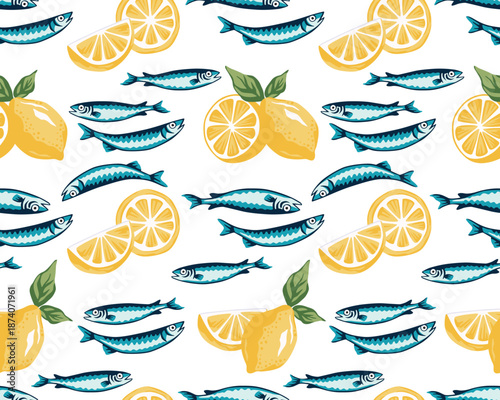 Sardine fish, lemon fruit  seamless pattern. Summer Italian print.