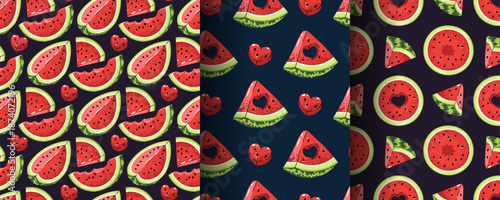 Set Of Seamless Patterns With Watermelon Slice And Carved Heart In Flat Style. Repeating Summer Love Texture For Food Branding, Scrapbooking, Textile Design, Invitation And Packaging