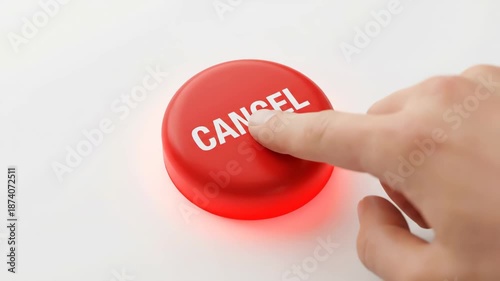 Hand pressing a red cancel button on a white background. Finger pushing a switch to stop, abort, or reject a process. Concept of cancellation, opting out, and consumer rights