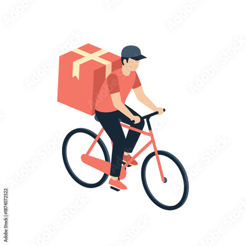 Delivery person riding bicycle with large package on back.