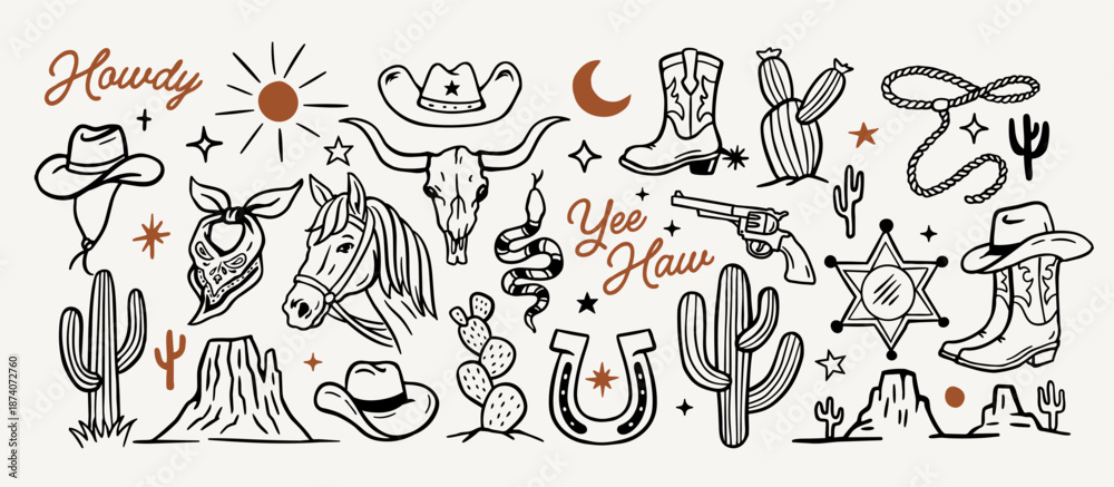 Obraz premium Hand-drawn western doodle vector set with cowboy hats, boots, cactus, horse, skull, revolver, sheriff badge and desert elements, perfect for vintage, rustic and Wild West designs.