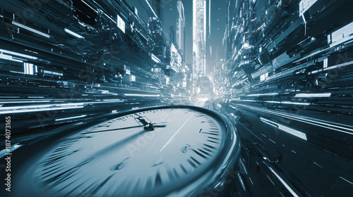 Time lapse view of a fast moving escalator and train showing speed time and modern technology concept