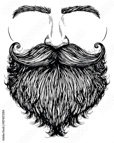 Hand drawn line art illustration of a vintage beard and mustache depicting a masculine style for barbershop branding