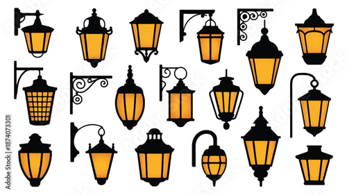Collection of Vintage Style Street Lanterns with Yellow Glow on White Background