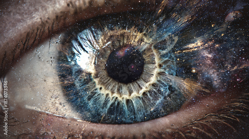 Close up view of a human eye with detailed blue iris and pupil reflection