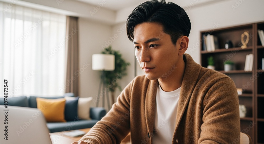 Fototapeta premium 自宅で在宅勤務をする20代日本人男性社員：カシミヤカーディガンを着用しリビングで仕事に集中しているクローズアップ写真
