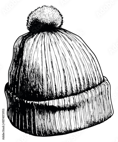 Hand drawn illustration of a beanie hat with a pompom depicting warm winter headwear for cold weather fashion