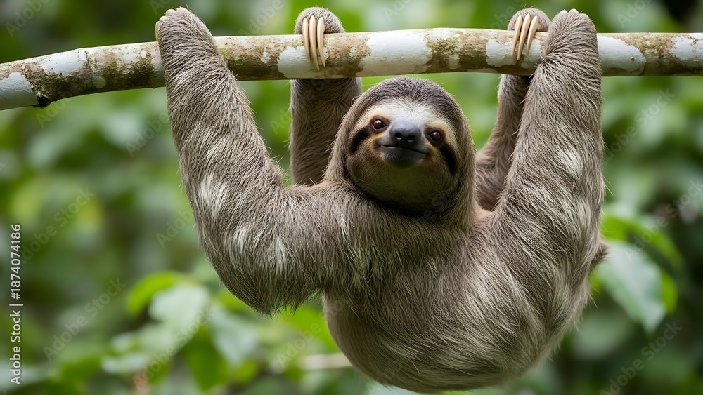 Obraz premium Three-toed Sloth Hanging Upside Down on Tree Branch in Lush Green Rainforest