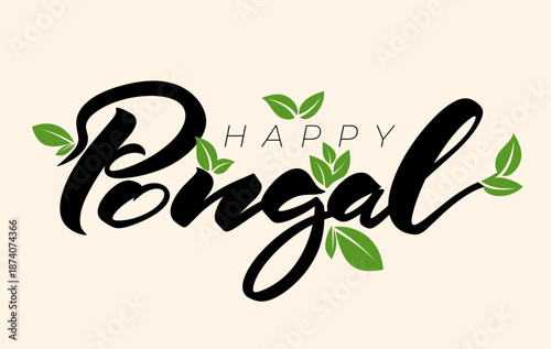 Happy Pongal text typography. Festive South Indian harvest festival lettering design for greeting cards, posters, banners, invitations, cultural celebrations and holiday graphics. Vector illustration