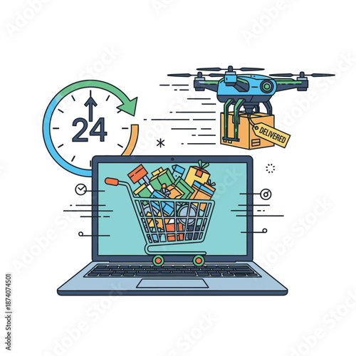 Drone delivering shopping cart full of goods from laptop screen.