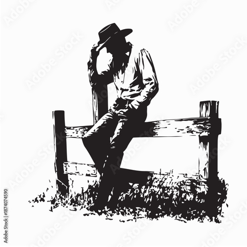 Cowboy Leaning Against Wooden Fence Silhouette Vector on White Background