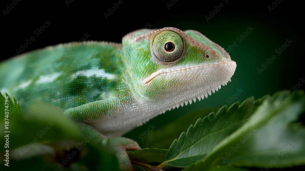 Fototapeta premium Close up of green chameleon head on leaf with black background