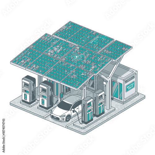 Eco-friendly electric car charging station with solar panels.