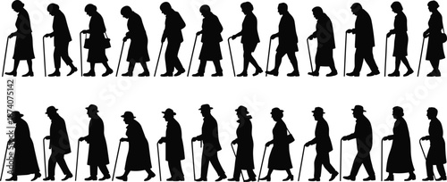 Elderly people walking silhouette set, flat vector illustration of senior men and women using canes, aging population, retirement lifestyle and healthcare concept