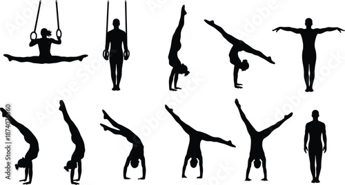 Gymnastics and yoga poses silhouette set, flat vector illustration of athletic body movements, handstand balance exercises, fitness training and flexibility concept
