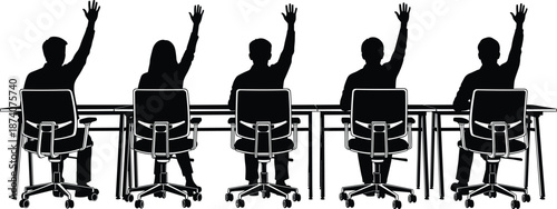People raising hands silhouette, flat vector illustration of meeting participants sitting at conference table, teamwork discussion, voting and education classroom concept