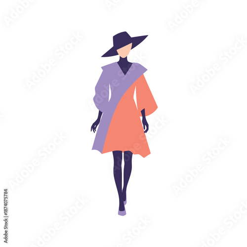 Fashionable Woman in Stylish Hat and Colorful Dress.