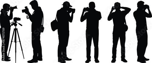 Photographer silhouette set, flat vector illustration of professional camera operators shooting photos, journalism and creative photography concept, black human shadow figures