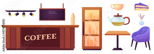 Coffee shop furniture. Cozy chair, glass teapot, fridge with drinks, lavender cake. Cafe with dessert and drinks cartoon elements, nowaday vector set
