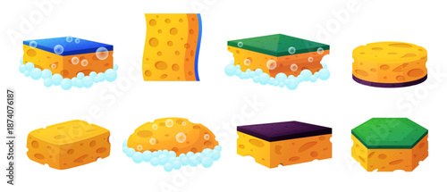 Yellow kitchen sponges. Kitchen cleaning equipment for dish, plates, cutlery and cups. Porous texture and soap foam with bubbles, washing nowaday vector set