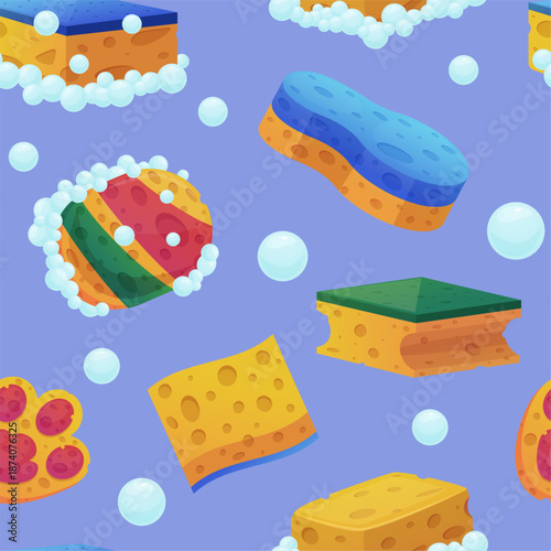 Sponges seamless pattern. Yellow sponge, different loofah for bath, body washing, kitchen cleaning tools. Print for fabric, textile, wallpaper, nowaday vector background