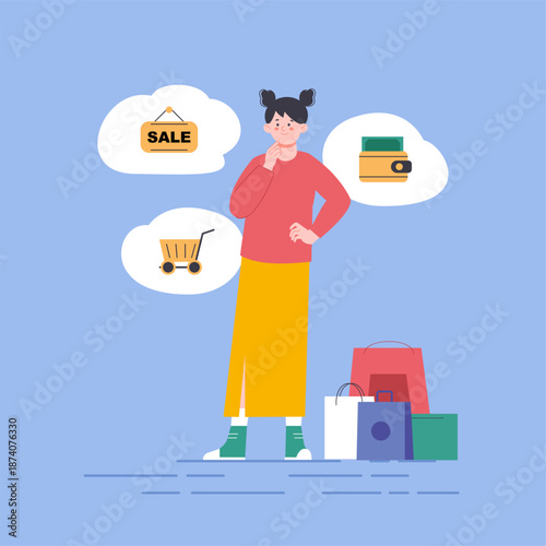 Choosing between spending and saving. Smart consumption, young woman think about sales and new purchases. Shopping time, discounts, vector scene