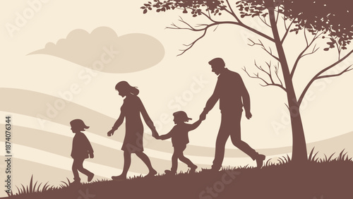 Silhouettes of families walking together, connection and unity.