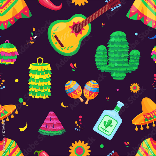 Mexican traditional festival seamless pattern. Poncho, sombrero hat, maracas and cacti. Tequila bottle and pinatas. Cinco de mayo, vector background