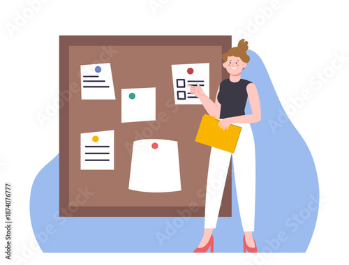 Office woman point to task board. Happy manager with yellow paper folder for documents. Business, time management, successful deadline vector concept