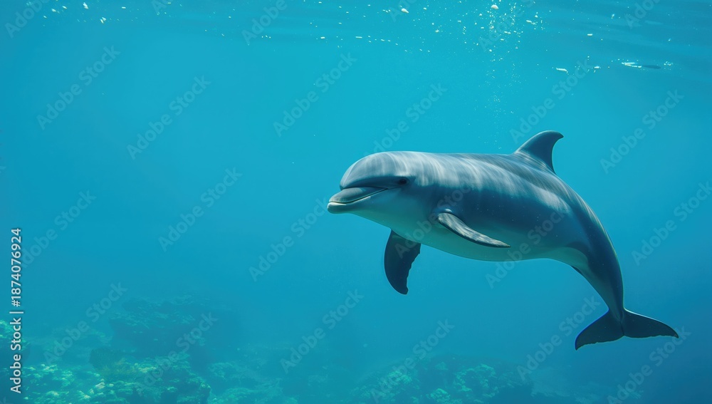 Naklejka premium Dolphin gliding through the sea, focusing on aquatic life and movement, World Oceans Week
