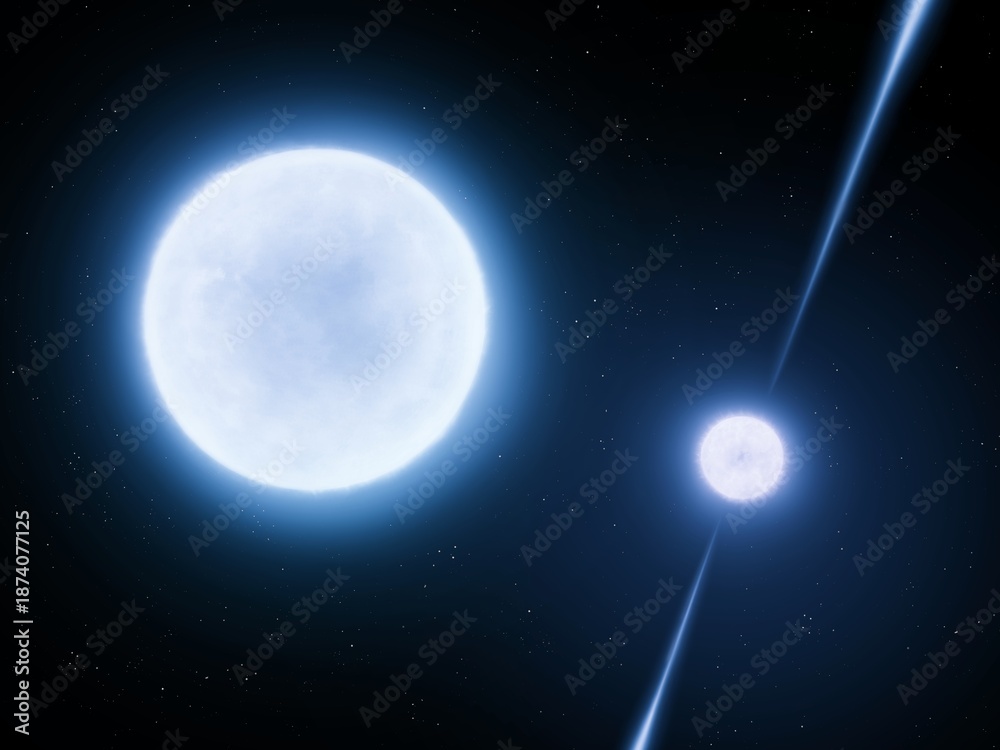 Obraz premium Neutron star and white dwarf system. Remains of stars after their death. Dwarf star in the orbit of a pulsar.