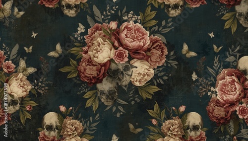 Seamless pattern with peonies, butterflies, and skeletons on a dark background, suitable for wallpaper and fabric surfaces, decorative motif
