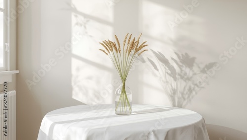 Natural wheat spikelets arranged in a glass bottle on a white tablecloth, serving as a rustic calendar or reminder display