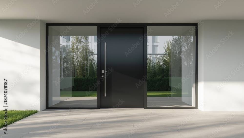 Fototapeta premium New house facade featuring a sleek black aluminum front door, highlighting modern architecture