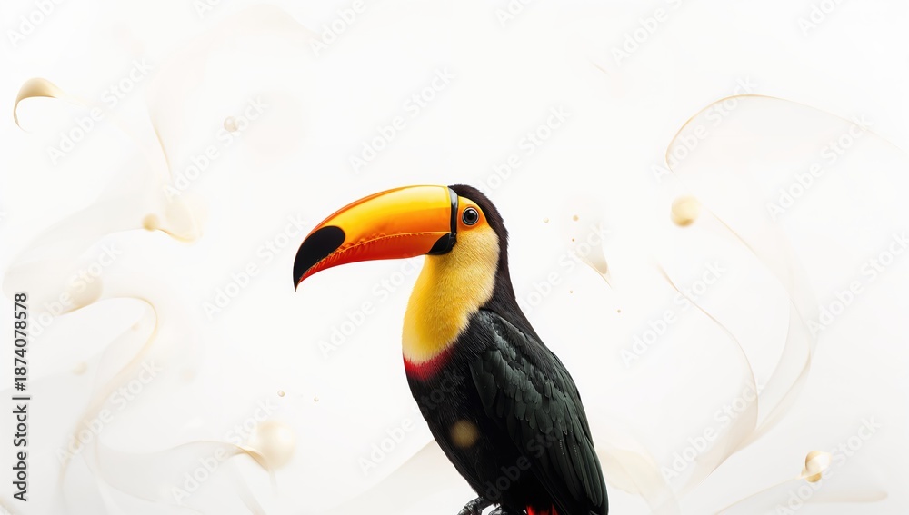 Fototapeta premium Brightly colored Toucan with large bill resting on tree limb, suitable for nature backgrounds