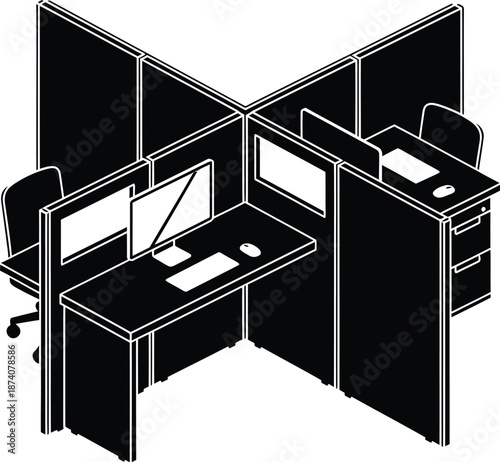 Office cubicle workstations icon. Ergonomic workstation silhouette vector. 