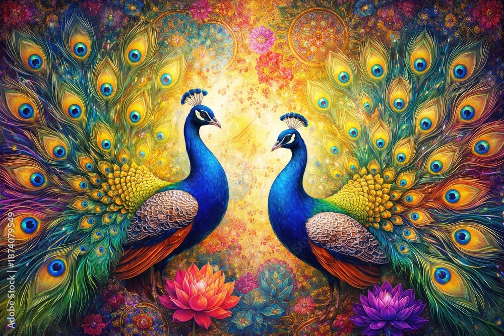 Fototapeta premium Colorful peacocks displaying feathers on a vibrant decorative background