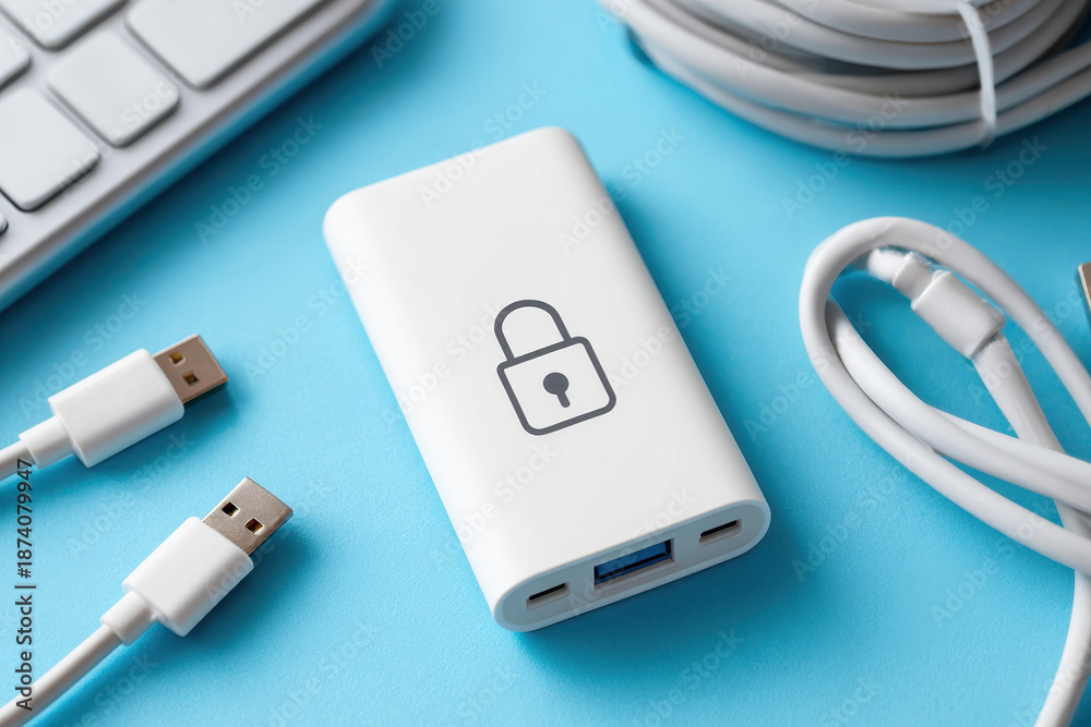 Fototapeta premium Secure power bank with lock icon on blue background