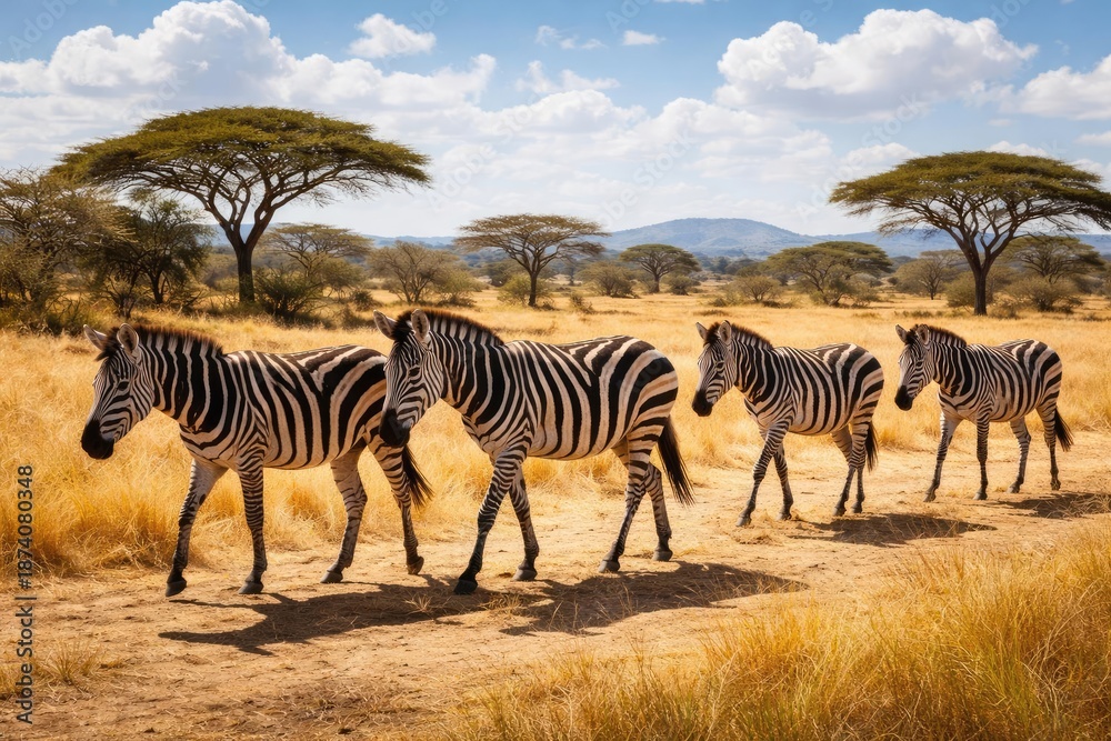 Obraz premium Zebras walking slowly on a bright afternoon