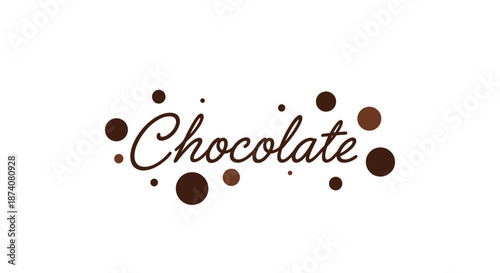 Elegant 'Chocolate' wordmark in a brown cursive script surrounded by scattered dots of various sizes resembling chocolate drops or sprinkles.