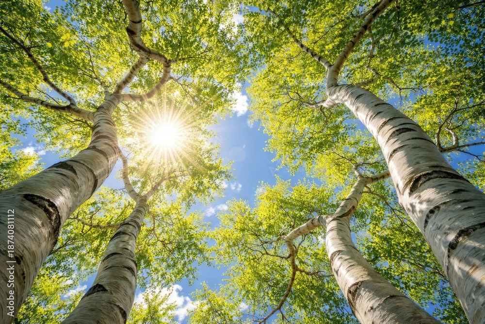 Fototapeta premium Sunlit blue sky seen through the twisting branches of white barked trees