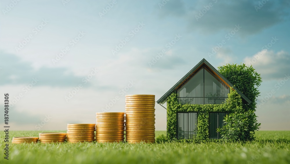 Obraz premium Coin stacks beside a green house highlighting renewable energy adoption, investment and funding focus