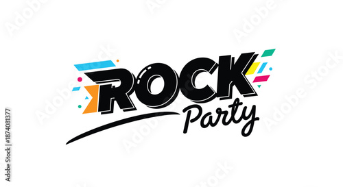 Dynamic and modern 'Rock Party' logo with bold black lettering and colorful geometric shapes creating a sense of motion and energy.
