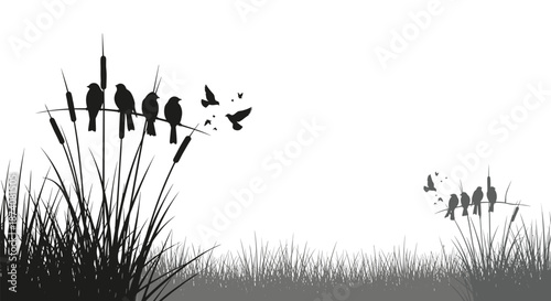 Peaceful landscape silhouette of birds perched on cattails in a marsh with tall grass and some birds flying in the distance.