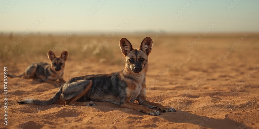 Obraz premium Black-backed jackals lying in Etosha park, Namibia, highlighting nocturnal predator activity
