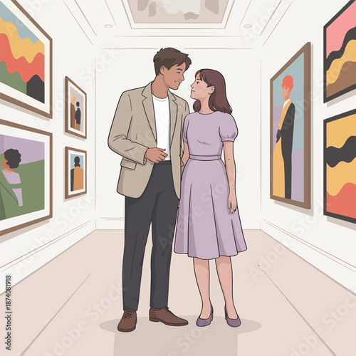 A loving couple shares an intimate moment while exploring beautiful artwork in a modern gallery