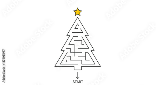 A simple and fun Christmas tree-shaped maze or labyrinth game with a star at the top and a starting point at the bottom.