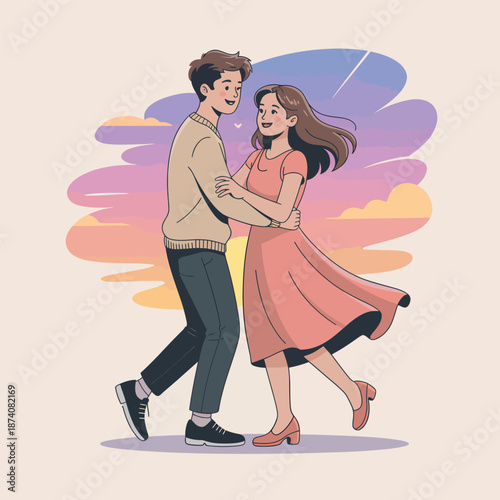 A joyful couple shares a tender dance under a beautiful pastel sky