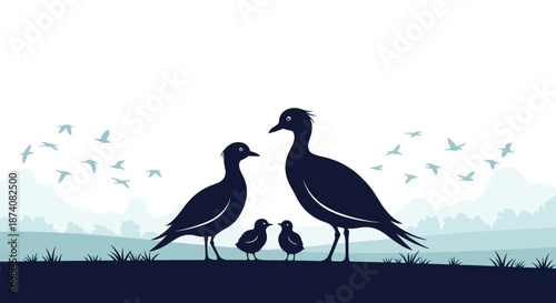 Peaceful nature silhouette of a bird family with two parent birds and two small chicks in a meadow with mountains in the background.
